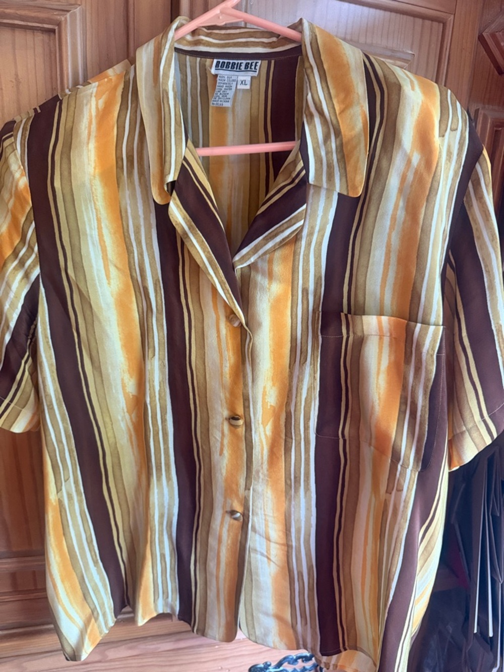 Robbie Bee Yellow and Brown Vertical Stripe Short-Sleeve Button-Up blouse